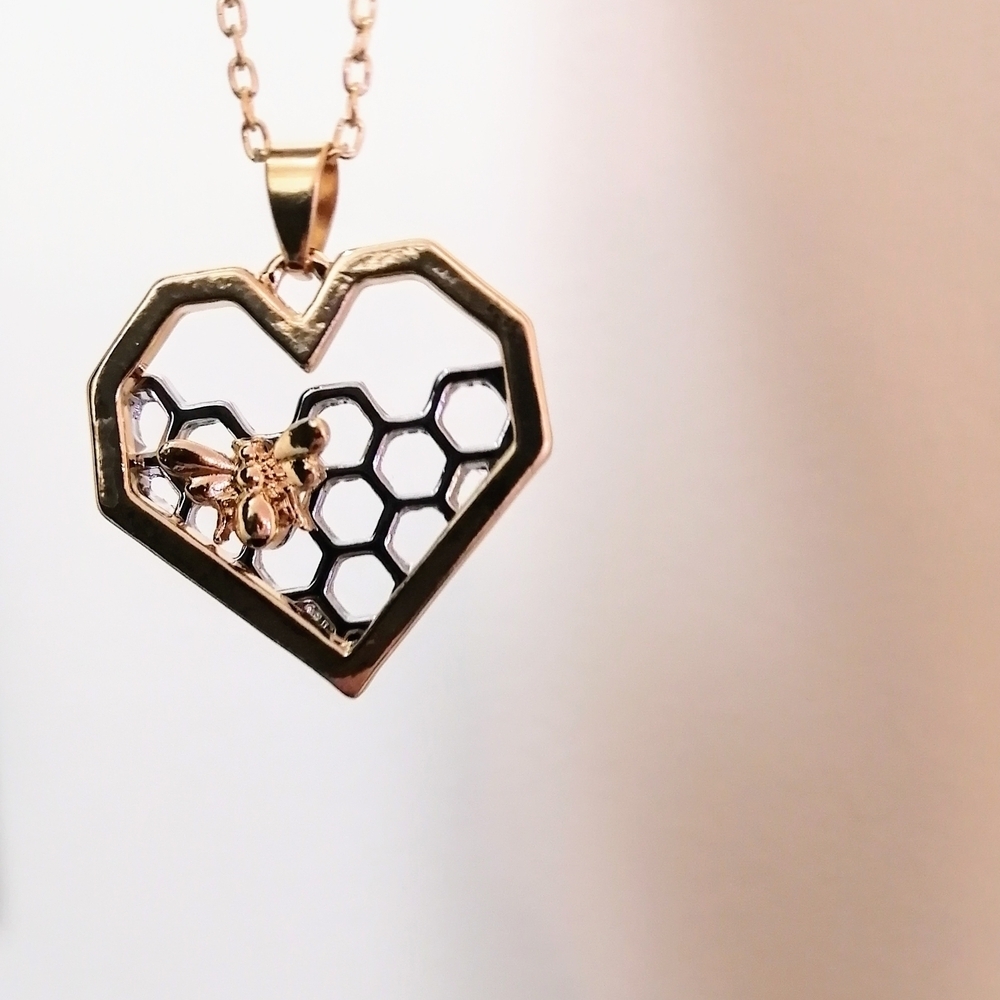 Gold Plated Heart Honeycomb Necklace with Bee Accent